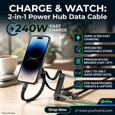 2-In-1 Data Cable With Stand | Nylon Braided| 240W Fast Charging Cord For Smartphones, Tablets & Laptops