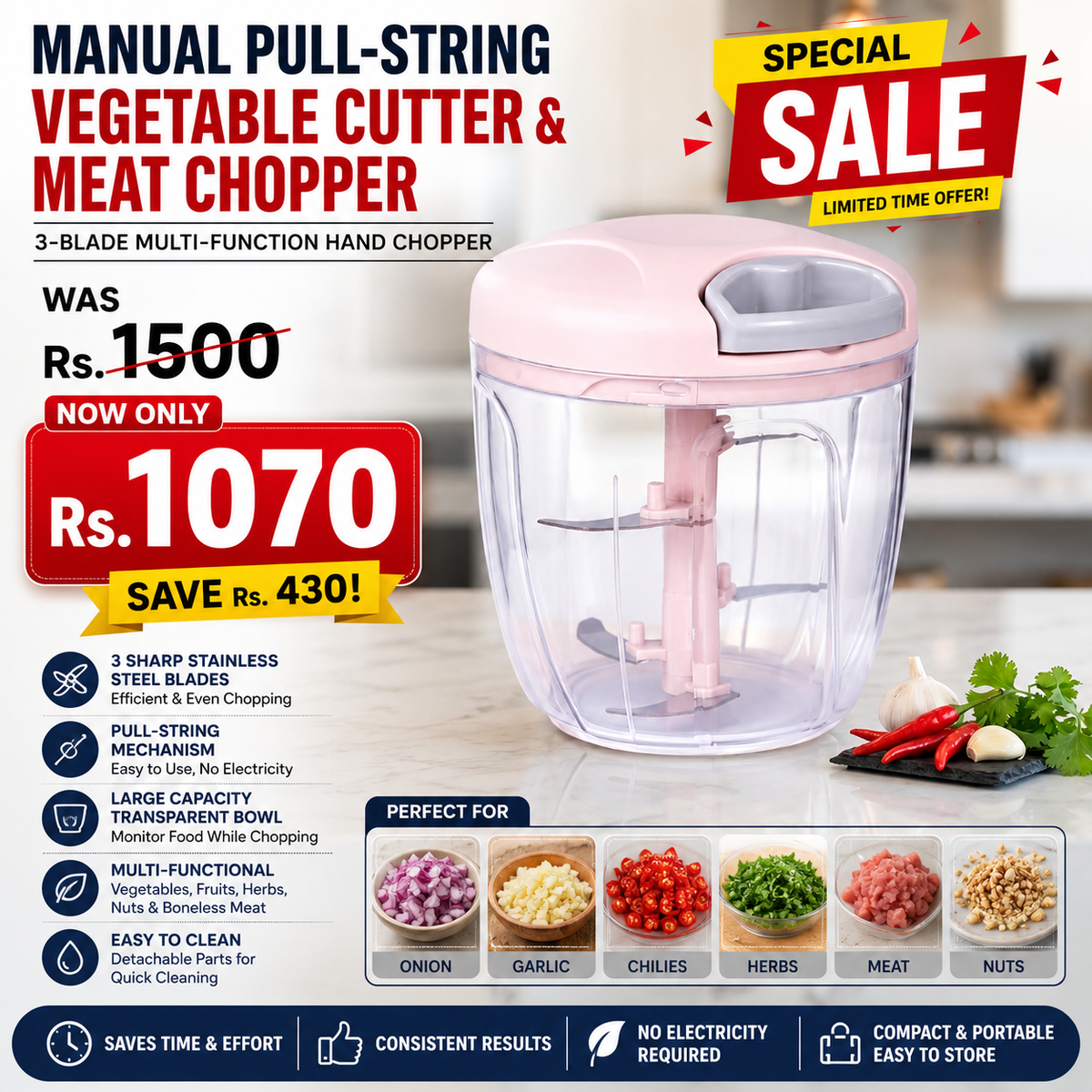 Manual Pull-String Household Vegetable Cutter &Meat Chopper