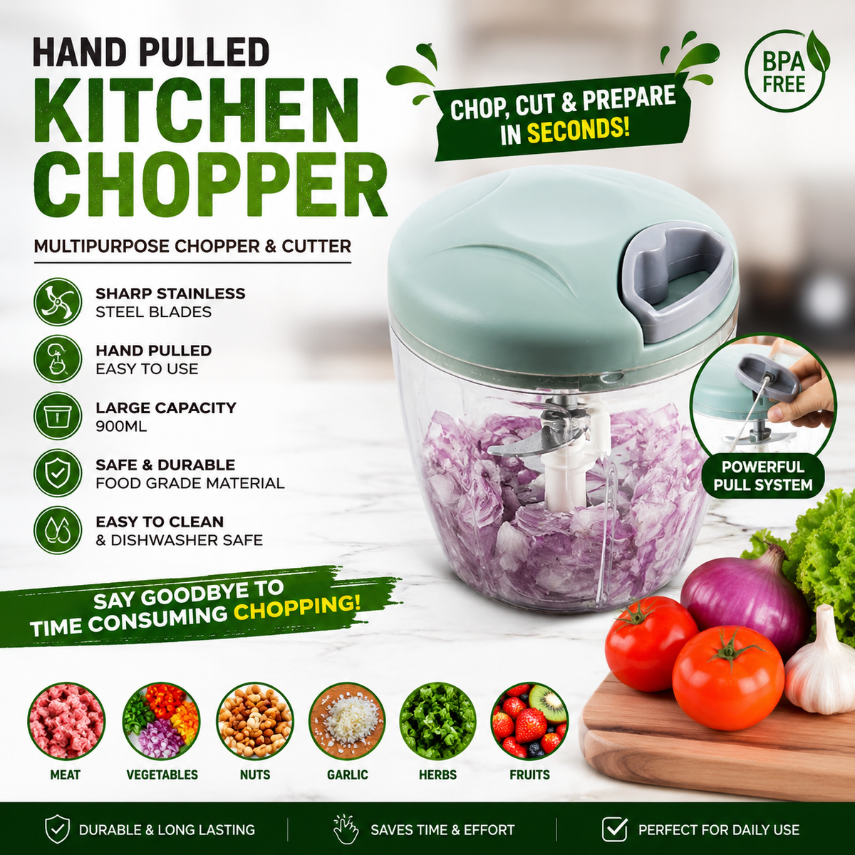 Manual Pull-String Household Vegetable Cutter &Meat Chopper