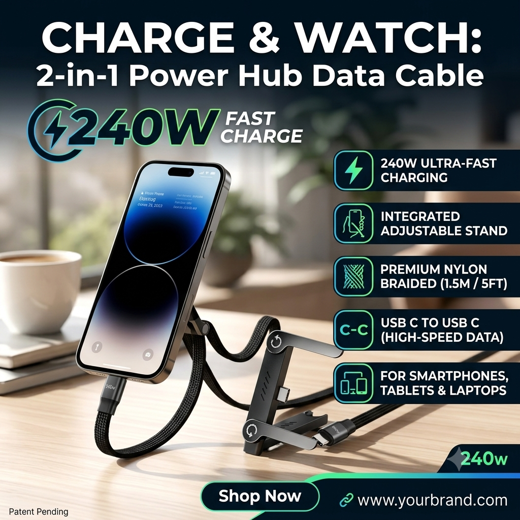 2-In-1 Data Cable With Stand | Nylon Braided| 240W Fast Charging Cord For Smartphones, Tablets & Laptops