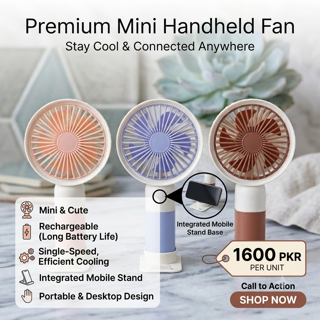 Mini Cute Rechargeable Handheld Fan with Integrated Mobile Stand Base – Premium Single-Speed Portable Desktop Fan