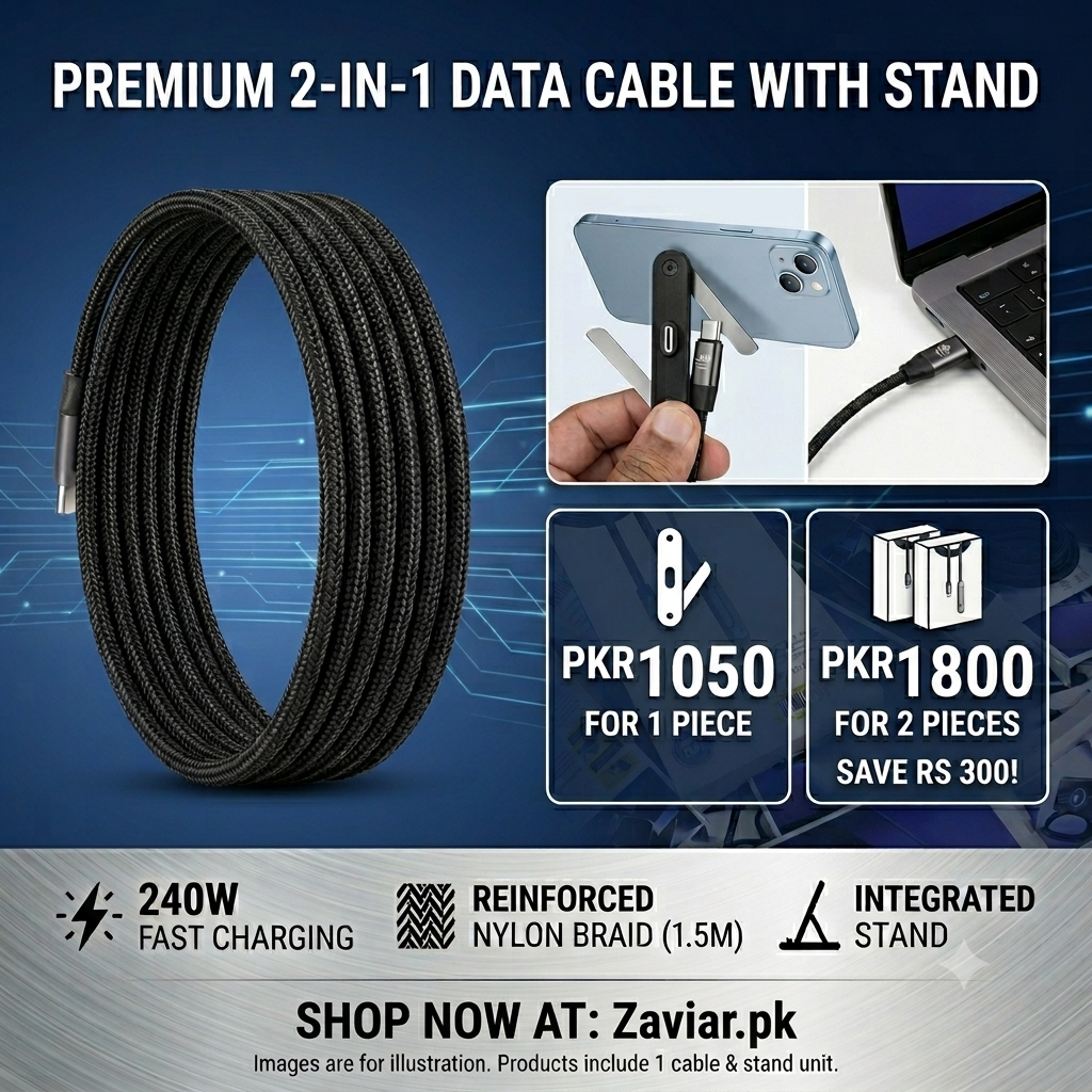 2-In-1 Data Cable With Stand | Nylon Braided| 240W Fast Charging Cord For Smartphones, Tablets & Laptops